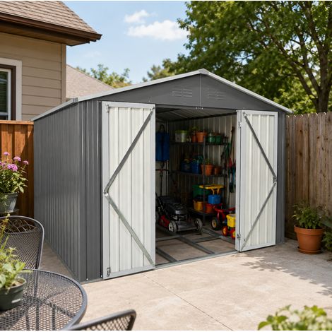 Cobertizo de jardín de acero galvanizado gris 313,4x258,8x191,5 cm, 2 puertas – MEUBLIV (1/5)