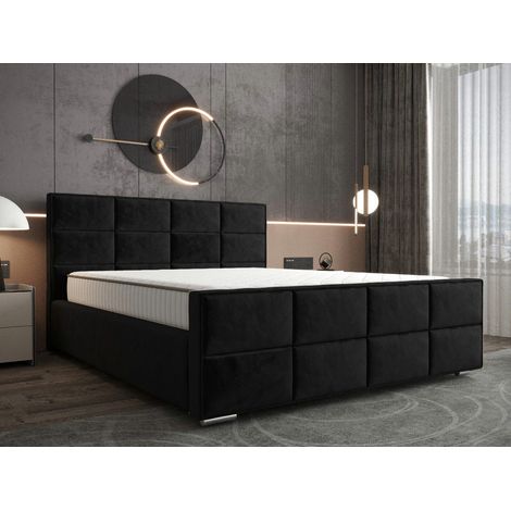 Lit Double Avec Rangement - Noir - 180x200 Cm - Matelas À Ressorts Bonnell - Lit Moderne - Tissu (1/5)