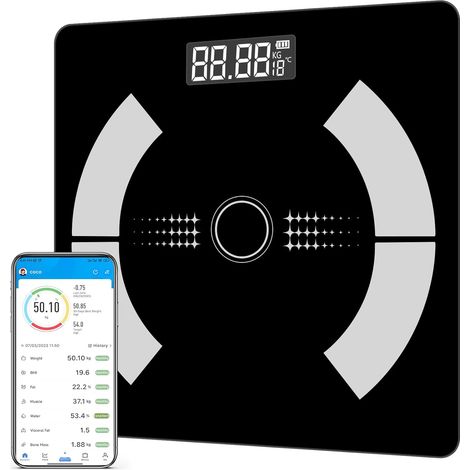 Badezimmerwaage, Körperanalysewaage, intelligente Körperanalysewaage, Körperanalysewaage mit 12 Körpermesswerten (BMI/Körperfett/Knochenmasse/Grundumsatz/Muskelmasse) (1/5)