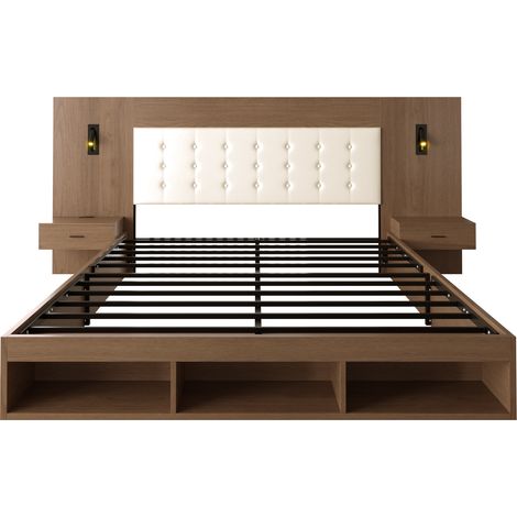 Lit double 180200cm, lit avec rangement, lit en bois, lit pour jeunes, avec station de charge USB & Type-C et lampe de lecture, avec 2 tables de chevet, couleur noyer (1/5)
