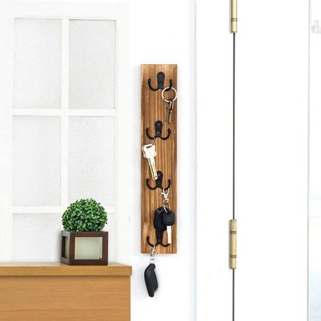 Porte-clés mural – Crochets – Organisateur pour clés et portefeuille – Bois – Marron (1/5)