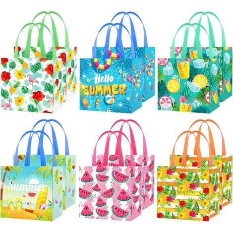 Sacs cadeaux réutilisables hawaïens - 12 pièces, non tissés avec poignée, motif pastèque/ananas/flamant rose - Convient Étiquette (1/5)