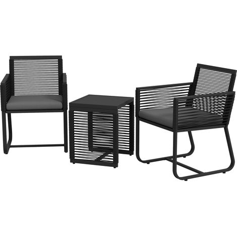 Set Tavolino e 2 Poltroncine con Cuscini da Giardino in Rattan PE Acciaio e Poliestere Nero