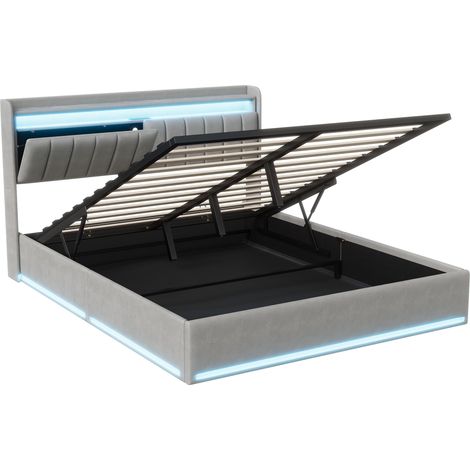 Sunfecili – Lit coffre 140x200 cm en velours gris – Tête de lit avec rangement – Bandes lumineuses LED – Capacité 300 kg – Montage en 45 min