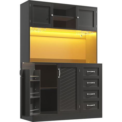 ELVMI Credenza da Cucina Alta con 4 Ante, 2 Cassetti, Portabottiglie e LED per Cucina in MDF 120×40×188 cm Nero (1/5)