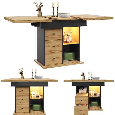 Table à manger extensible LED 110-140x80cm, table pliante gain de place pour 4 à 6 personnes, escamotable pour cuisine et salon.