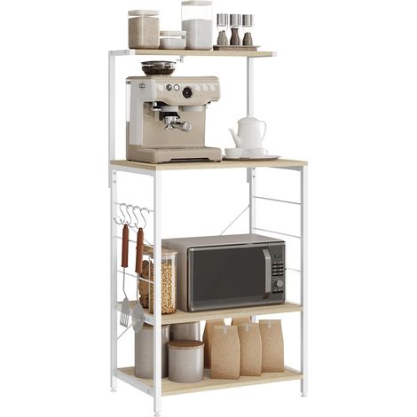WOLTU Scaffale da Cucina, Bar, Scaffale da Panetteria, Portaoggetti a 4 Ripiani, , 60x40x123 cm, Rovere Chiaro+bianco