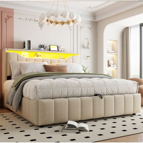 Letto matrimoniale 180x200 cm in tessuto beige con contenitore, senza materasso FloraGrace (1/5)