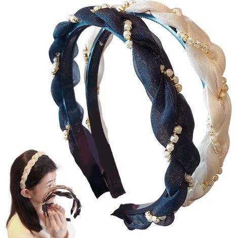 Bandeau pour femme, lot de 2, orné de strass et de cristaux, avec tresses et nœuds, accessoire de coiffure tendance (noir + beige) (1/5)