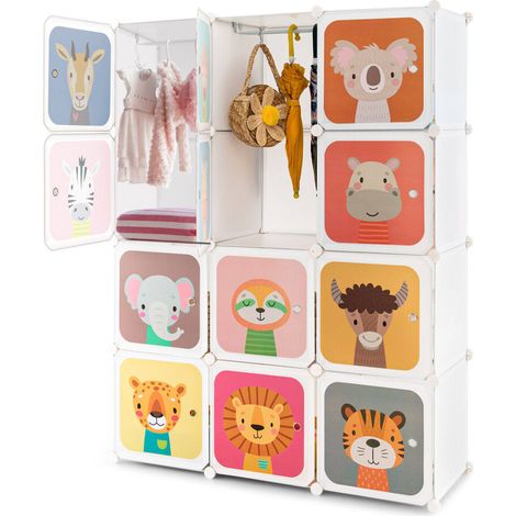 Armoire enfant blanche 12 cubes en PP avec penderie et portes, motif cartoon, pour chambre et salle de jeux (1/5)