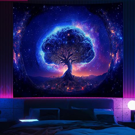 Schwarzer Lichtbaum- und Weltraum-Wandteppich fürs Schlafzimmer, cooler schwarzer Lebensbaum-Wandteppich für Mädchen, Fantasiesterne (1/5)