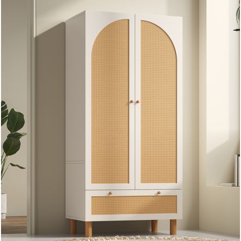 MODFU – Armoire penderie MDF et rotin blanc – 2 portes et tiroir – Étagères réglables – 85,5x52x180,5 cm – Blanc (1/5)