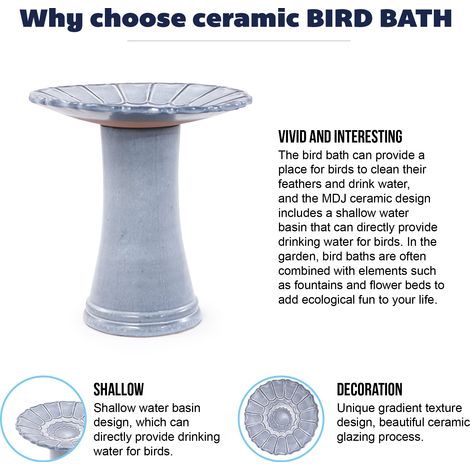Baignoire pour oiseaux en céramique faite main, gris bleu clair brillant, rainures fleurs sur vasque, résistante au gel et aux intempéries, diamètre 43 cm hauteur 45 cm, jardin, terrasse et balcon (1/5)