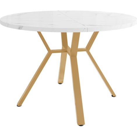 Moderner runder Esstisch in Marmoroptik 100 cm mit goldfarbenem Metall-X-Gestell (1/5)