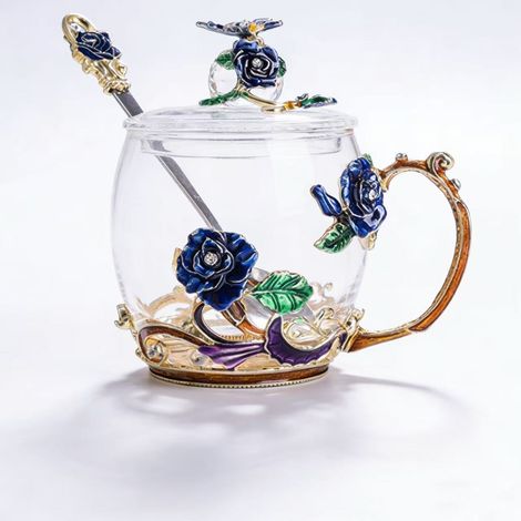 Tasse À Thé En Verre Émaillé - Design Papillon Et Rose Bleue En 3D - Pour Thé Ou Café Chaud/Froid - Avec Couvercle Et Cuillère - Lot De 1 (1/5)