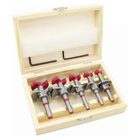 Mèches Bois, Coffret de 5 (Ø15-35 mm) Fraise Bois Façonner Jeu de Forets à Positionnement Ajustable, Scie Trépan au Carbure Cémenté avec Butée de Profondeur (Plage de Profondeur 10-40 mm)