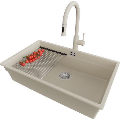 PRIMAGRAN Evier Cuisine en Granit 76x47cm, Lavabo 1 bac + Robinet 40x20cm + Kit de Vidage + Accessoire, Évier à Encastrer au meuble 80cm - Prague Slim, Beige (1/5)