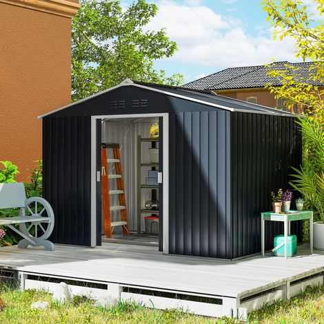 Abri Jardin Portes Coulissantes Base Renforcée (sol Inclus) Foncé Aménagement Extérieur Gris 4,9 m² 277x195x192cm