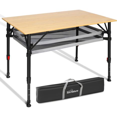 Homecall Klapptisch Bambus Camping-Klapptisch höhenverstellbar 47–65 cm, (natürliche Bambus-Tischplatte, Aluminiumrahmen, abnehmbares Netzfach, tragbarer Outdoor-Picknicktisch) (Holzfarbe)