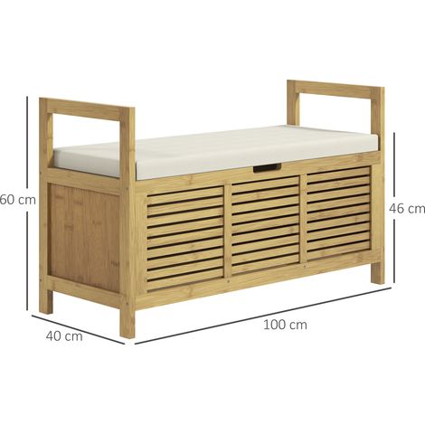 Banquette à chaussures avec couvercle rabattable et étagère, banquette de vestiaire en bambou, rangement naturel pour hall et vestiaire,100×40×60 cm (1/5)