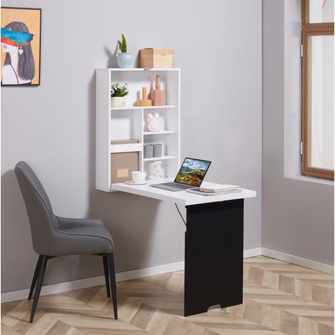 Scrivania da parete pieghevole 60x94,5x147 cm in MDF bianco e nero, salvaspazio FloraGrace (1/5)
