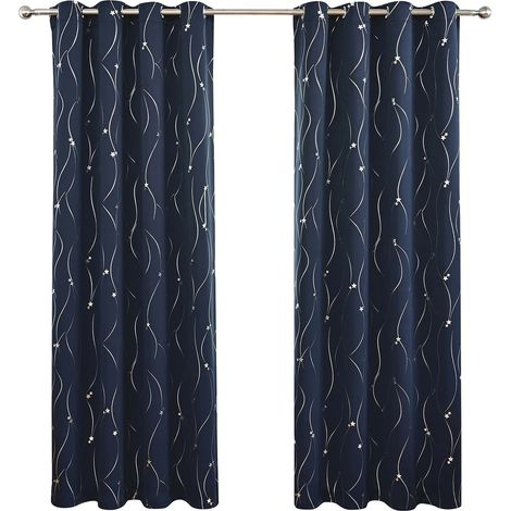 Soavoa Rideaux Occultants Étoiles Argentées Isolants Thermiques Haute Précision Lot de 2 Panneaux 132x241cm Bleu Marine (1/4)