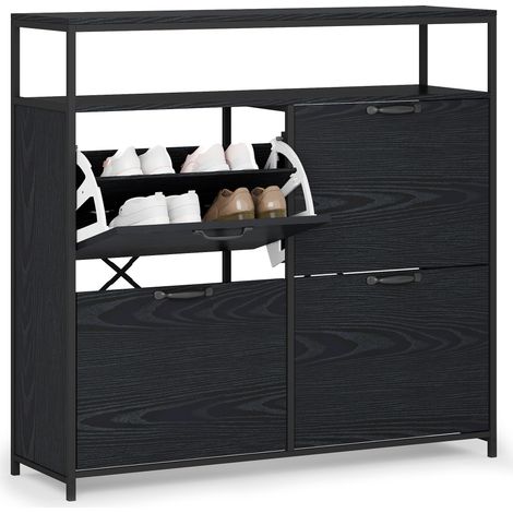 Zapatero 4 Puertas Estrecho Bealife con Estante Ajustable Compartimento Abierto para Recibidore Pasillo Dormitorio 98,5 x 30 x 95 cm Negro