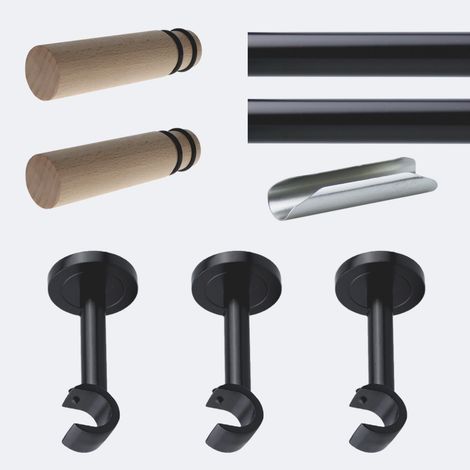 Kit de tringle à rideaux Noir Mat 300cm Diam.20mm Embout Cylindre Bois - Fixation Mur - Boulet (1/3)
