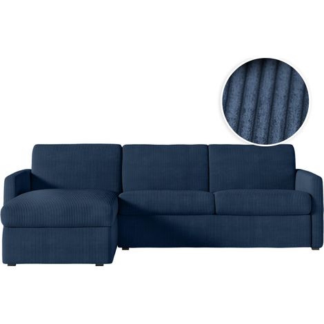 Canapé d'angle convertible express 4 pl AGATHE 140x190cm en velours côtelé bleu foncé - Matelas 13cm (1/5)