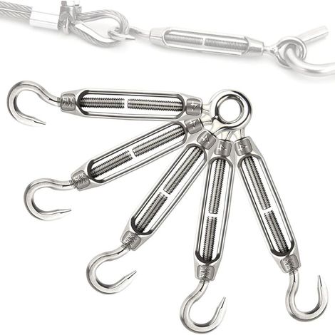 Lot de 5 M5 Tendeur de Fil en Acier Inoxydable Tendeur de Câble Réglable Tendeur Crochet et Oeil en Acier Inoxydable Tendeur de Câble à Crochet pour Corde a Linge, Chaîne
