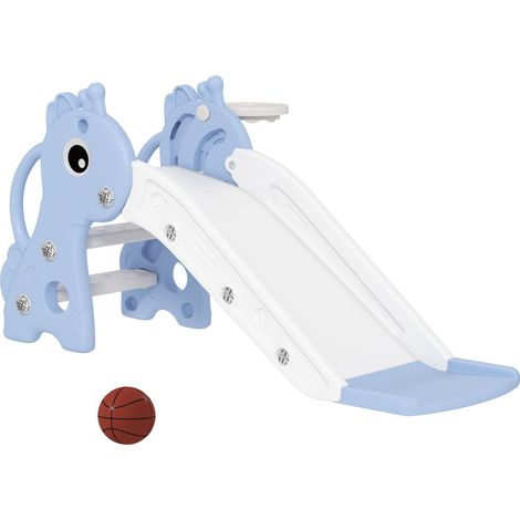 3-in-1-Kinderrutsche, blaues Giraffenmotiv, mit Basketballkorb, Kletterwand und Ball, 106 x 51,5 x 52 cm