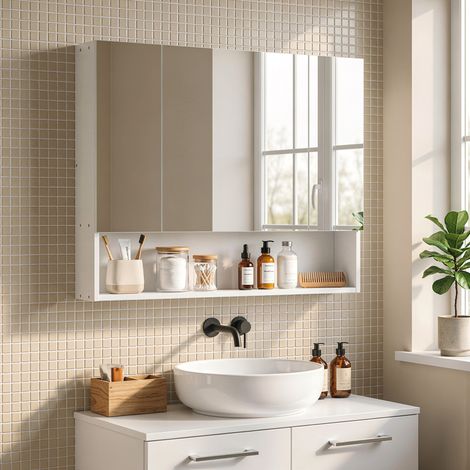 Miroir salle bain Blanc armoire 3 portes fermeture douce étagères réglables 90x15x75 cm
