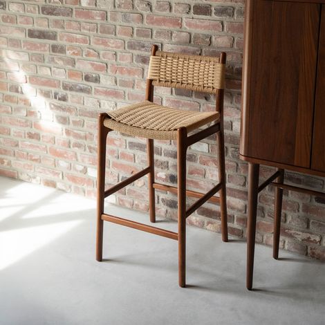 Tabouret de bar 47x48x95,5 cm en hêtre marron et papier tressé (1/5)