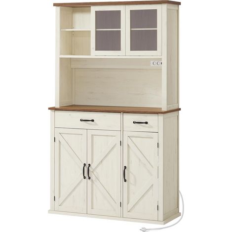 Mobile contenitore con luci e caricabatterie mobile da cucina con ante e cassetti 395 x 1065 x 1806 cm ripiani regolabili stile country beige 120006412