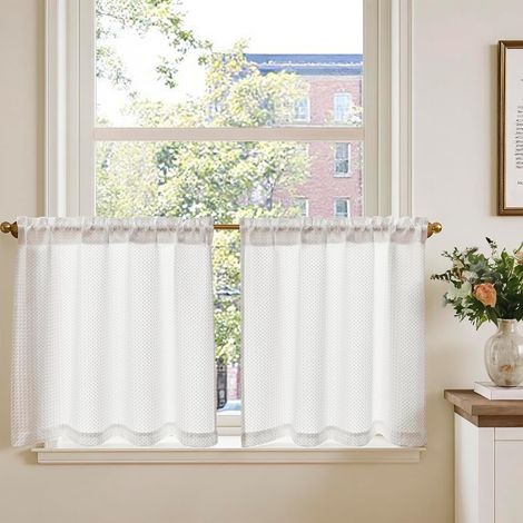 Lot de 2 rideaux brise-vue épais, avec motif gaufré, pour petites fenêtres, cuisine, salon, maison de campagne, 90 x 60 cm (l x H), blanc (1/5)