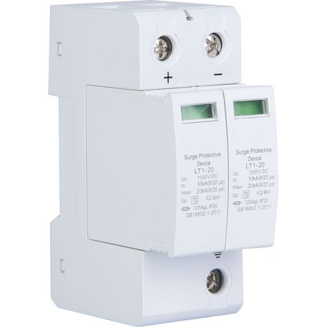 Parafoudre DC photovoltaïque 20kA, parasurtenseur basse tension 2P pour protection foudre panneau solaire. (1/4)