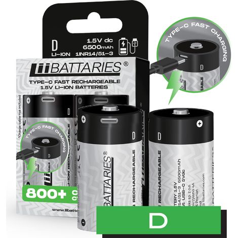 Batterie lithium-ion rechargeable haute performance LiiBattaries D USB-C, lot de 2, 6500 mAh. (1/5)