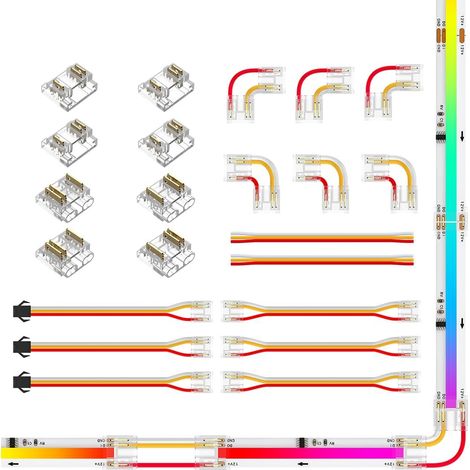 FCOB 3pin 10mm Bande LED Connector Kit Connecteur en L Connecteur Double Avec Fil Connecteur Femelle Entre Bande Et SM Connecteur Sans Espace Connecteur De Bande à Fil Câble 15cm 22AWG (1/5)
