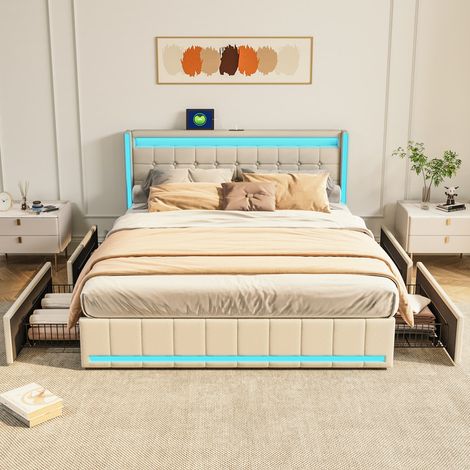 Sunfecili – Lit double capitonné 140x200 cm – 4 tiroirs de rangement – Tête de lit avec lumières LED et USB – Lin doux beige (1/5)