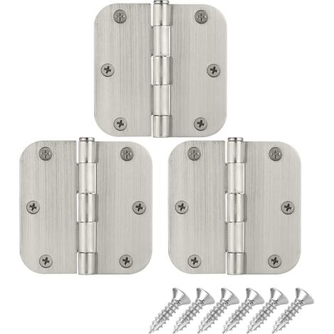 Charnières de porte en nickel satiné, 89 mm (3 1/2 po), coins arrondis de 89 mm x 89 mm (3,5 po x 3,5 po), quincaillerie pour porte intérieure en nickel brossé, paquet de 3, HDH200-BN-P3 (1/5)