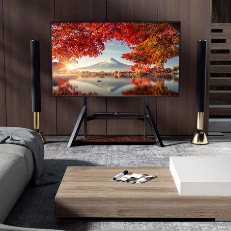 Corner TV Floor Stand for 32 37 43 55 65 70 85 100 Inch TV, with Wooden Storage Shelves (1/5)