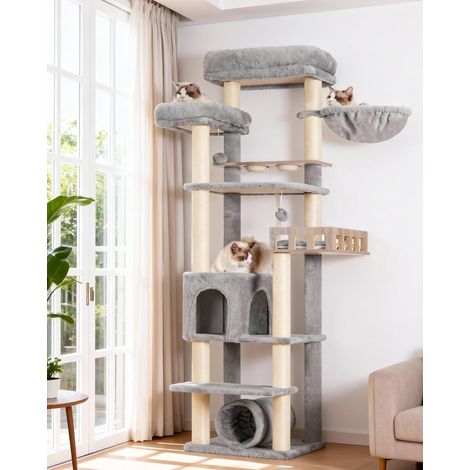 Arbre à Chat avec Station d’Alimentation et Plateforme en Bois, Arbre de 167 cm avec Tunnel et Niche pour Chat, 11 poteaux à griffer en sisal, Plateforme supérieure, Gris Clair (1/5)