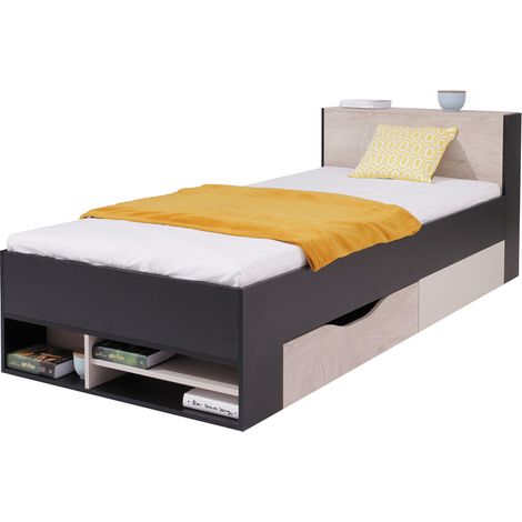 Jugendbett 90x200cm in schwarz mit Eiche und beige, PITTSBURGH-133 (1/4)