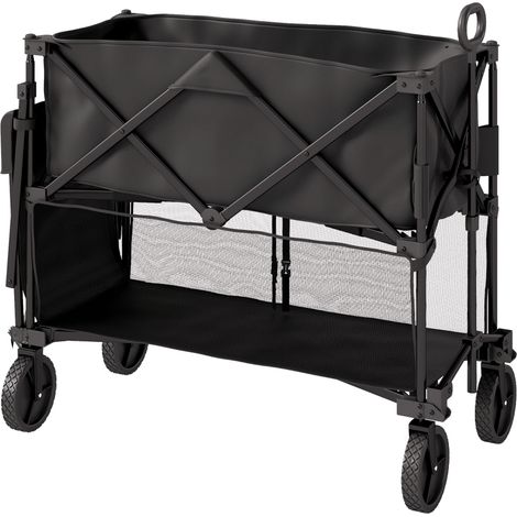 Double Decker Folding Trolley on Wheels, 200KG & 350L Capacity Collapsible Wagon Festival Trolley Cart with 134cm Extended for Camping Sports Shopping Garden and Beach, Black