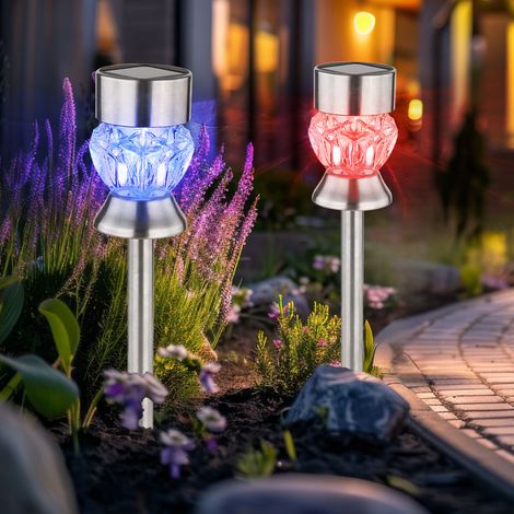 Außenleuchte Solarlampe Gartendeko RGB Farbwechsel Glaskristalle Steckleuchte, Edelstahl Kunststoff schwarz, LED 5000K kaltweiß, H 35 cm, 2er Set