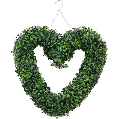 Corona de boj en forma de corazón – 42 cm (16,5 pulgadas), follaje artificial, para bodas o puertas. (1/4)