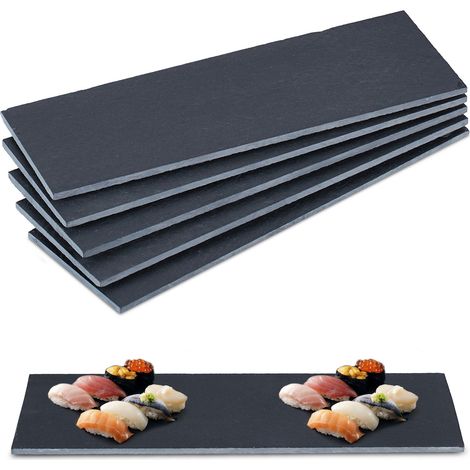Relaxdays Schieferplatte 6er Set, 30 x 10 cm, Servieren von Käse & Desserts, Servierplatte zum Beschriften, anthrazit