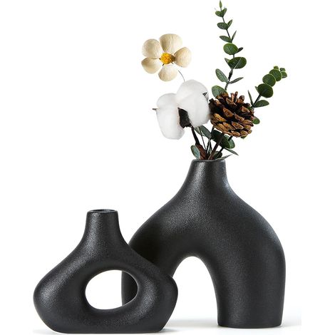Lot de 2 Vases en Céramique Noire Moderne - Forme Donut pour Déco Bohème - Parfaits avec Herbe de Pampa, Salon, Bureau (1/5)