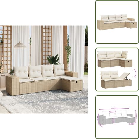 5-tlg. Garten-Sofagarnitur mit Kissen Beige Poly Rattan - Gartengestell - Gartenmöbelset - Outdoor Lounge - Rattan Gartenmöbel - Gartenlounge (1/5)