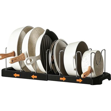 Range Couvercle, Range Casserole Extensible de 33 à 56 cm, Porte Casseroles Réglable Noir, Rangement Couvercle Casserole avec 7 Supports Réglables, pour Assiettes et Planches à Découper (1/5)